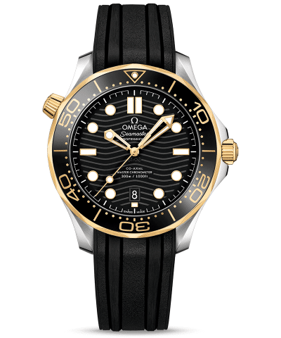 Produktbilde av Omega Seamaster Diver 300M Co-Axial Master Chronometer 42 MM med sort urskive og sort gummirem. Ref. O21022422001001.