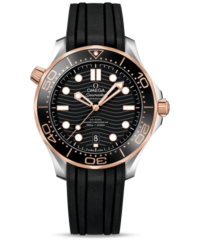 Produktbilde av Omega Seamaster Diver 300M Co-Axial Master Chronometer 42 MM med sort urskive og sort gummirem. Ref. O21022422001002.