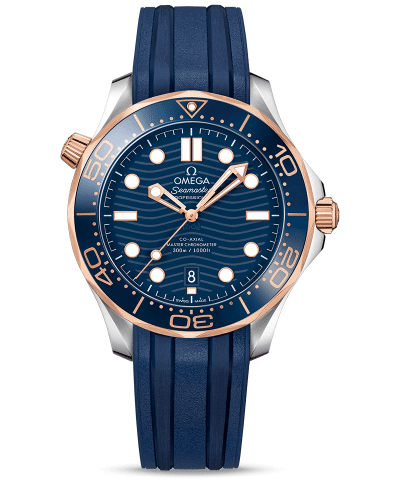 Produktbilde av Omega Seamaster Diver 300M Co-Axial Master Chronometer 42 MM med blå urskive og blå gummirem. Ref. O21022422003002.