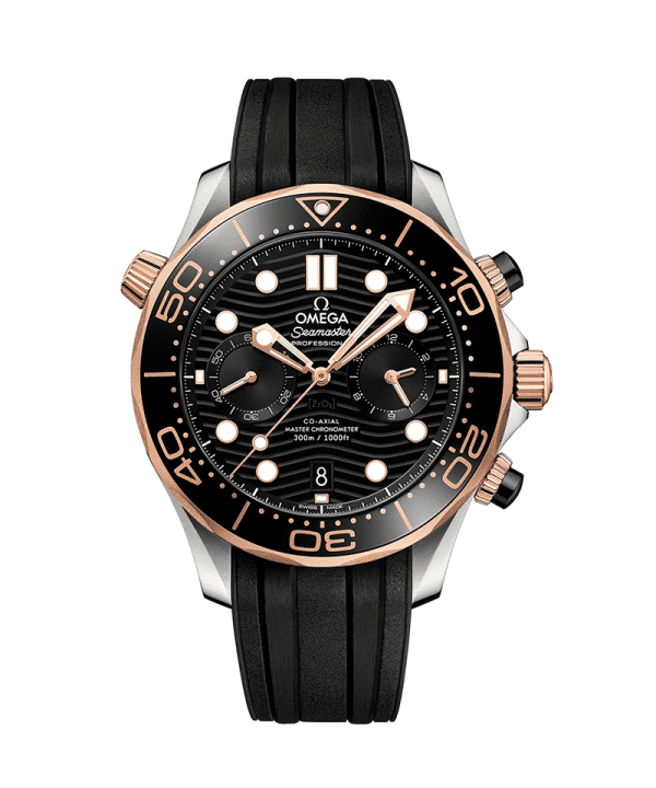 Produktbilde av Omega Seamaster Diver 300M Co-Axial Master Chronometer Chronograph med sort urskive og sort gummirem. Ref. O21022445101001.