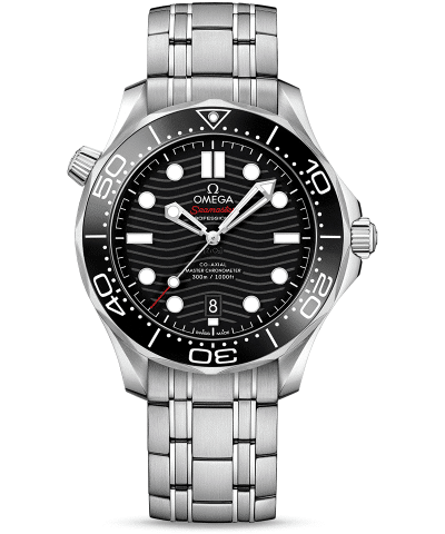 Produktbilde av Omega Seamaster Diver 300M Co-Axial Master Chronometer 42 MM med sort urskive og lenke. Ref. O21030422001001.