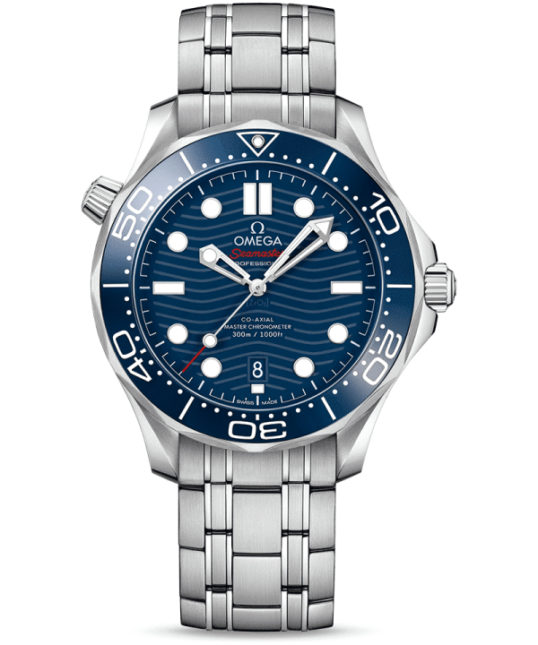 Produktbilde av Omega Seamaster Diver 300M Co-Axial Master Chronometer 42 MM med blå urskive og lenke. Ref. O21030422003001.