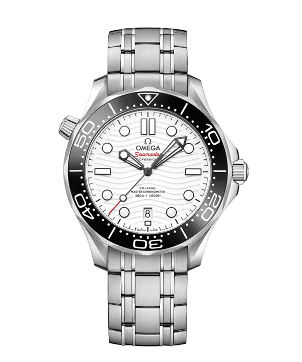 Produktbilde av Omega Seamaster Diver 300 Co-Axial Master Chronometer med hvit urskive og stållenke. Ref. O21030422004001.