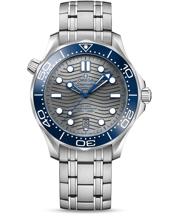 Produktbilde av Omega Seamaster Diver 300M Co-Axial Master Chronometer 42 MM med grå urskive og lenke. Ref. O21030422006001.