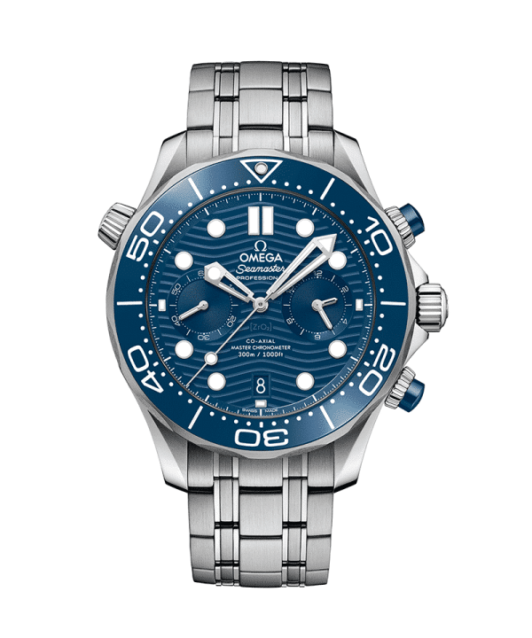 Produktbilde av Omega Seamaster Diver 300M Co-Axial Master Chronometer Chronograph med blå urskive og lenke. Ref. O21030445103001.