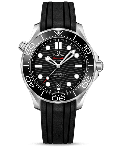 Produktbilde av Omega Seamaster Diver 300M Co-Axial Master Chronometer 42 MM med sort urskive og sort gummirem. Ref. O21032422001001.
