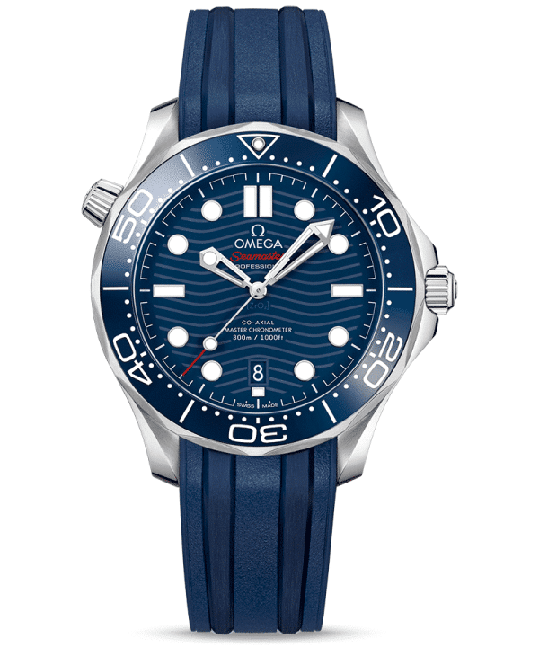 Produktbilde av Omega Seamaster Diver 300M Co-Axial Master Chronometer 42 MM med blå urskive og blå gummirem. Ref. O21032422003001
