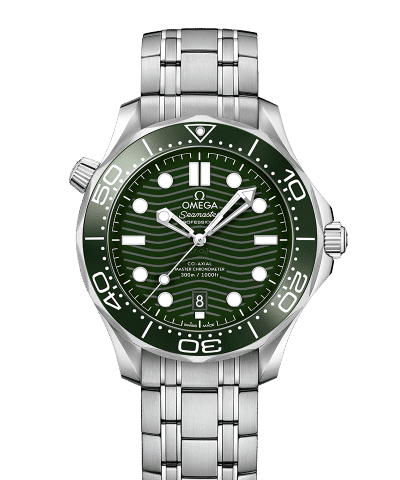 Produktbilde av Omega Seamaster Diver 300M Co-Axial Master Chronometer 42MM med grønn urskive og lenke. Ref. O21030422010001.