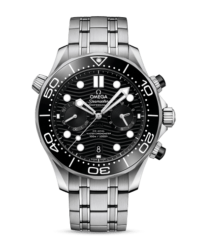 Produktbilde av Omega Seamaster Diver 300M Co-Axial Master Chronometer Chronograph 44mm med sort urskive og stållenke. Ref. O21030445101001.