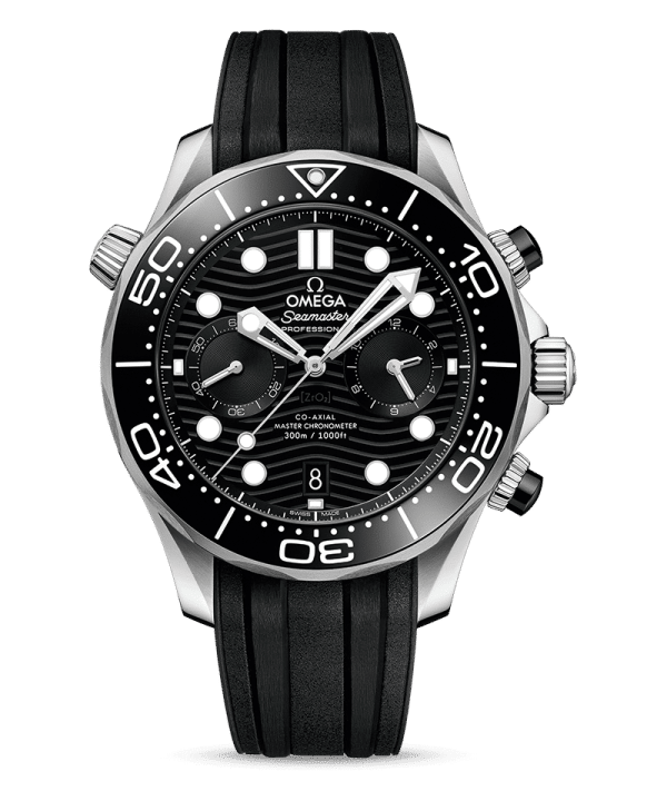 Produktbilde av Omega Seamaster Diver 300M Co-Axial Master Chronometer Chronograph 44 MM med sort urskive og sort gummirem. Ref. O21032445101001.