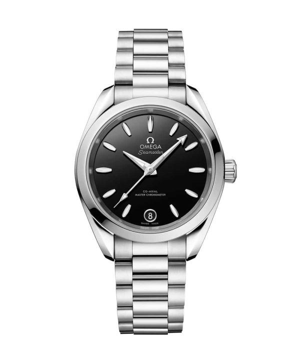 Produktbilde av Omega Seamaster Aqua Terra 150M 34MM med sort urskive på stållenke. Ref. O22010342001001.