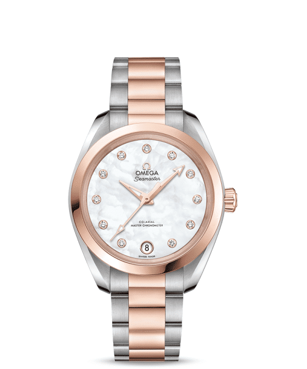 Produktbilde av Omega Seamaster Aqua Terra 150M Co-Axial Master Chronometer 34 MM med hvit urskive og lenke. Ref. O22020342055001