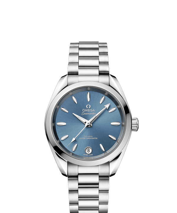 Produktbilde Omega Seamaster Aqua Terra 150M Co-Axial Master Chronometer 34MM med blå urskive og lenke. Referanse. O22010342003002