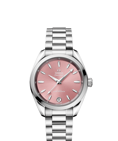 Produktbilde av Omega Seamaster Aqua Terra 150M Co-Axial Master Chronometer 34MM med rosa urskive og lenke. Referanse. O22010342010003.