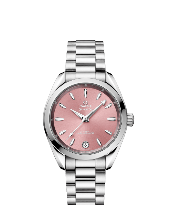 Produktbilde av Omega Seamaster Aqua Terra 150M Co-Axial Master Chronometer 34MM med rosa urskive og lenke. Referanse. O22010342010003.