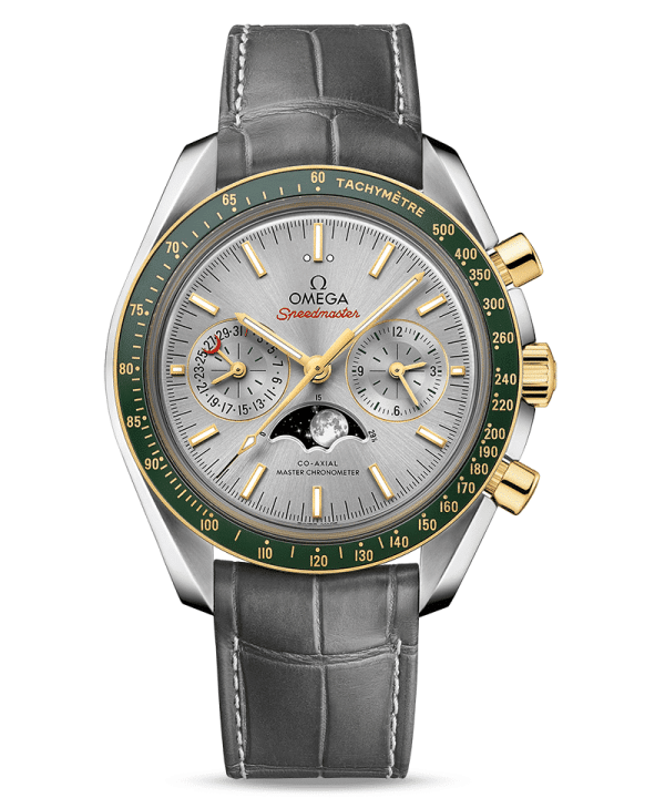 Produktbilde av Omega Speedmaster Moonwatch Co-Axial Master Chronometer Moonphase Chronograph 44.25 MM med grå urskive og grå skinnrem. Ref. O30423445206001.