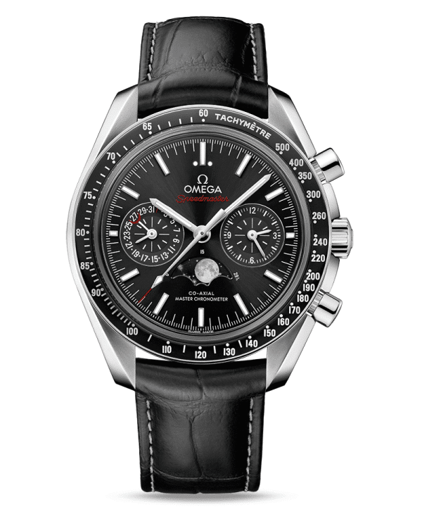Produktbilde av Omega Speedmaster Moonwatch Co-Axial Master Chronometer Moonphase Chronograph 44.25 MM med sort urskive og sort skinnrem. Ref. O30433445201001.