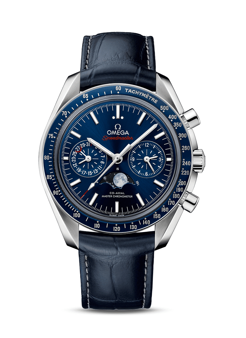 Produktbilde av Omega Speedmaster Moonwatch Co-Axial Master Chronometer Moonphase Chronograph 44.25 MM med blå urskive og blå skinnrem. Ref. O30433445203001.