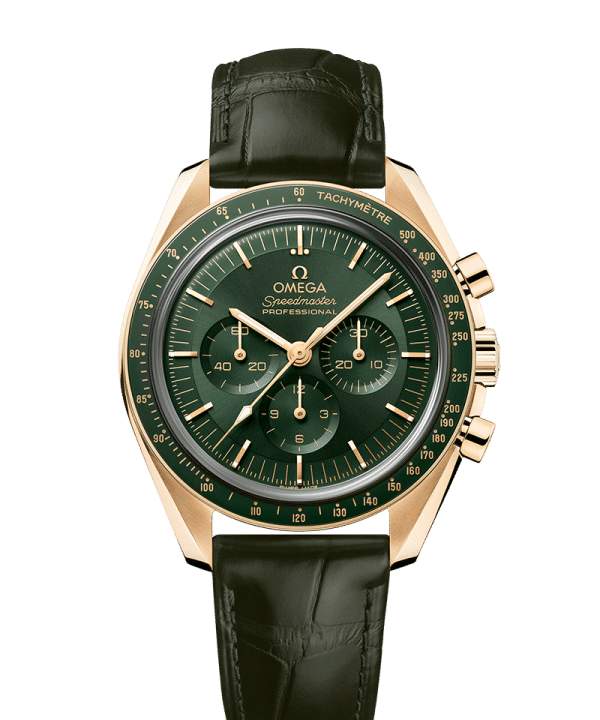 Produktbilde av Omega Speedmaster Moonwatch Professional Co-Axial Master Chronometer Chronograph 42MM med grønn urskive og grønn lærreim. Ref. O31063425010001