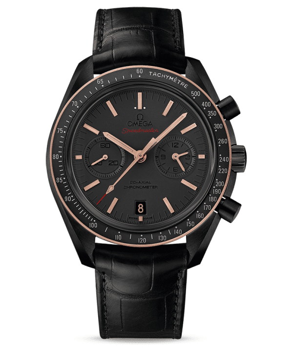 Produktbilde av Omega Speedmaster Moonwatch Co-Axial Chronograph 44.25 MM med sort urskive og sort skinnrem. Ref. O31163445106001.