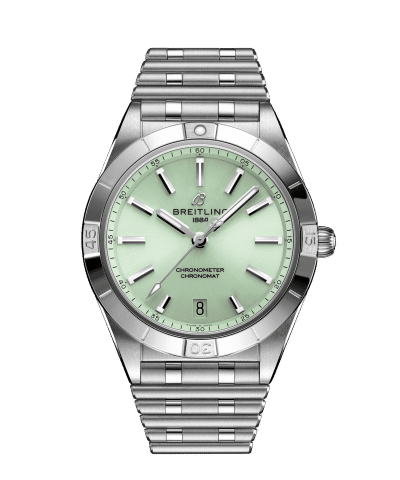 Produktbilde av Breitling Chronomat Automatic 36 med grønn urskive på stållenke. Ref. A10380101L1A1.