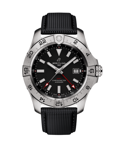 Produktbilde av Breitling Avanger Automatic 42 med sort urskive på sort skinnrem. Ref. A17328101B1X1.