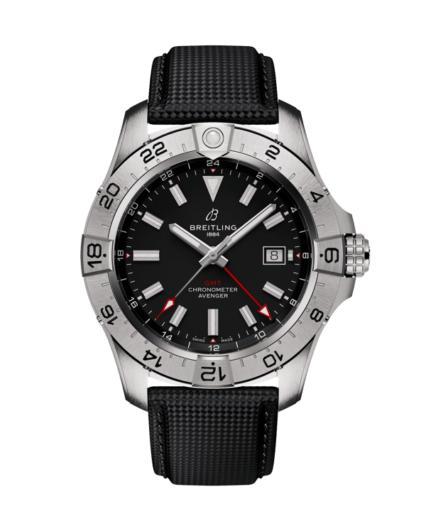 Produktbilde av Breitling Avanger Automatic 42 med sort urskive på sort skinnrem. Ref. A17328101B1X1.