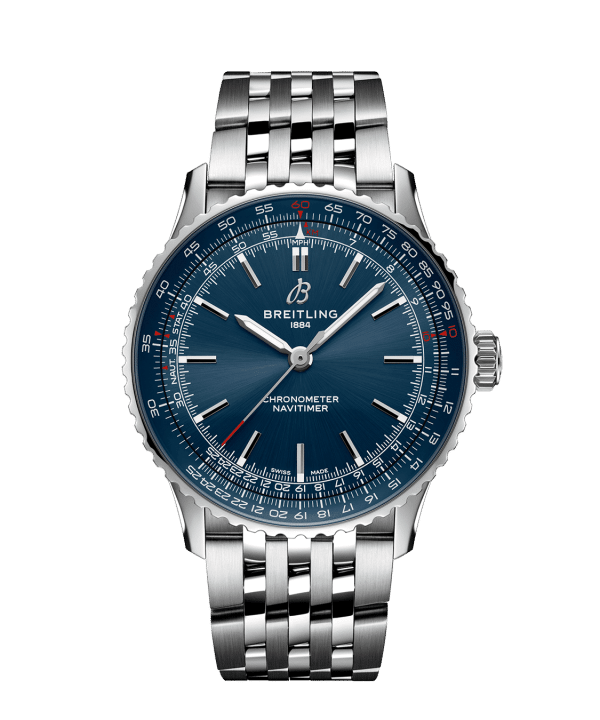 Produktbilde av Breitling Navitimer Automatic 41 med blå urskive på stållenke. Ref. A17329161C1A1.