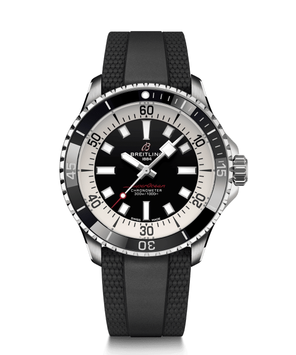 Produktbilde av Breitling Superocean Automatic 42 med sort urskive og sort gummirem. Ref. A17375211B1S1