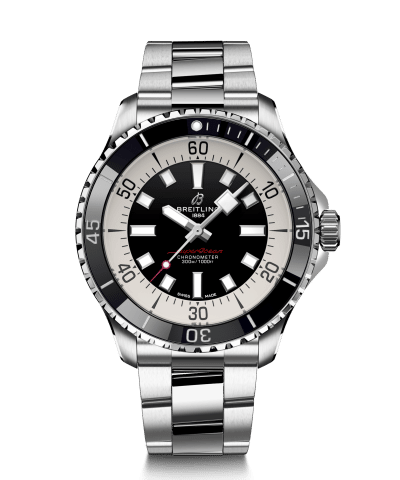Produktbilde avBreitling Superocean Automatic 44 med sort urskive og sort stållenke. Referanse. A17376211B1A1.