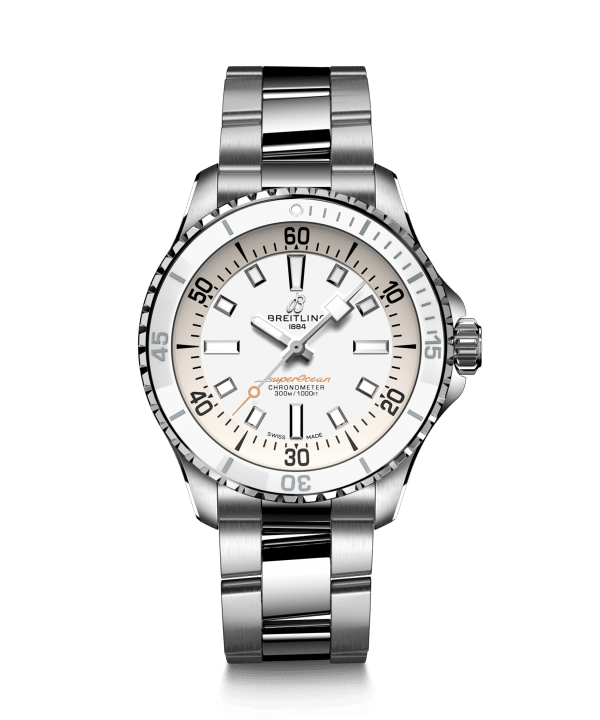 Produktbilde av Breitling Superocean Automatic 36 med hvit urskive og lenke. Referanse. A17377211A1A1.