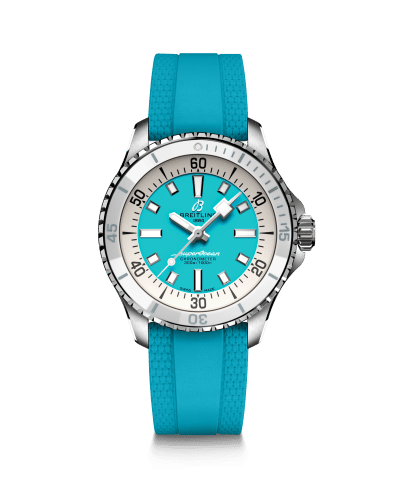 Produktbilde av Breitling Superocean Automatic 36 med turkis urskive og turkis gummirem. Ref. A17377211C1S1