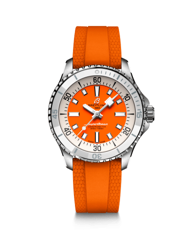 Produktbilde av Breitling Superocean Automatic 36 med oransje urskive og oransje gummirem. Ref. A17377211O1S1