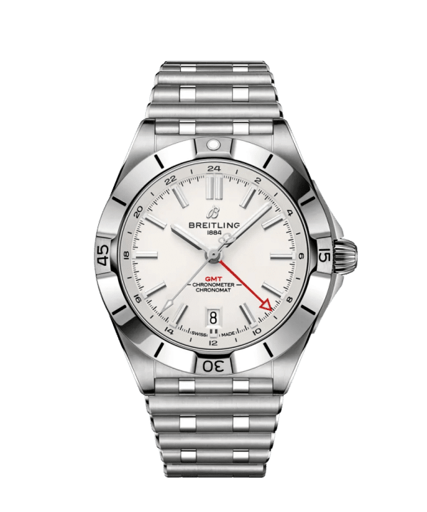 Produktbilde av Breitling Chronomat Automatic GMT 40 med hvit urskive og lenke. Referanse A32398101A1A1