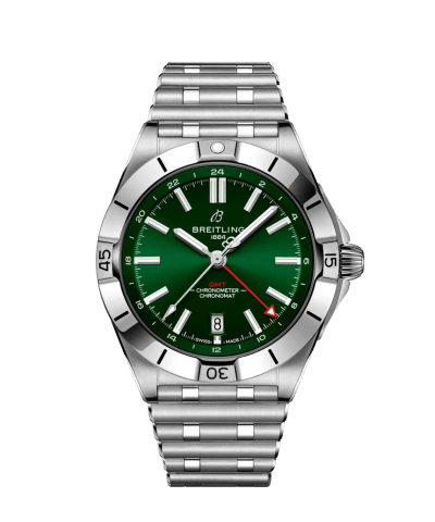 Produktbilde av Breitling Chronomat Automatic GMT 40 med grønn urskive og lenke. Referanse A32398101L1A1.