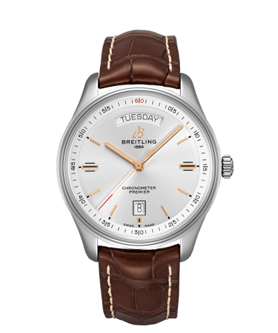 Produktbilde av Breitling Premier Automatic Day & Date 40 med sølvfarget urskive på brun skinnrem. Ref. A45340211G1P1.