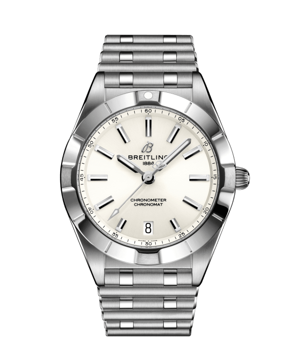 Breitling Chronomat 32 med sølv urskive og stållenke. Ref. A77310101A2A1