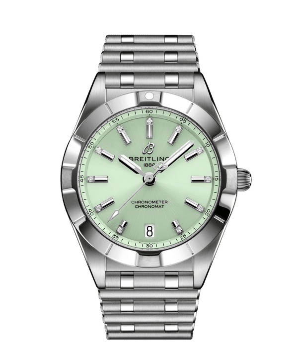 Produktbilde av Breitling Chronomat 32 med grønn urskive og stållenke. Referanse. A77310101L1A1.
