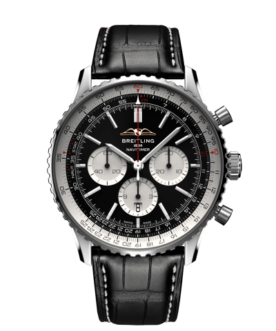 Breitling Navitimer B01 Chronograph 46mm med sort urskive og sort skinnrem. Ref. AB0137211B1P1