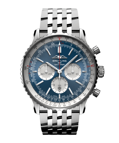 Breitling Navitimer B01 Chronograph 46 med blå urskive og lenke. Ref. RB04451A1B1X1