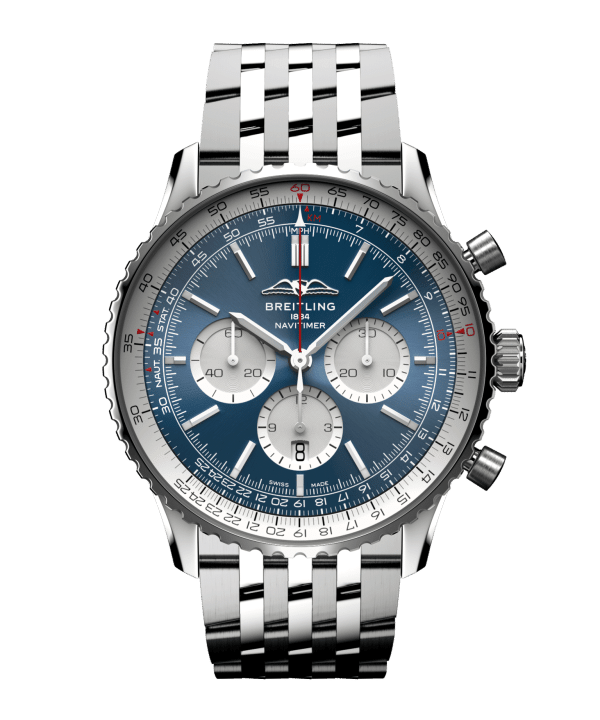 Breitling Navitimer B01 Chronograph 46 med blå urskive og lenke. Ref. RB04451A1B1X1