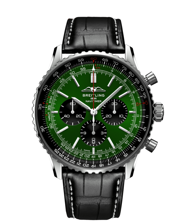 Breitling Navitimer B01 Chronograph 46 med grønn urskive og sort skinnrem. Ref. AB0137241L1P1
