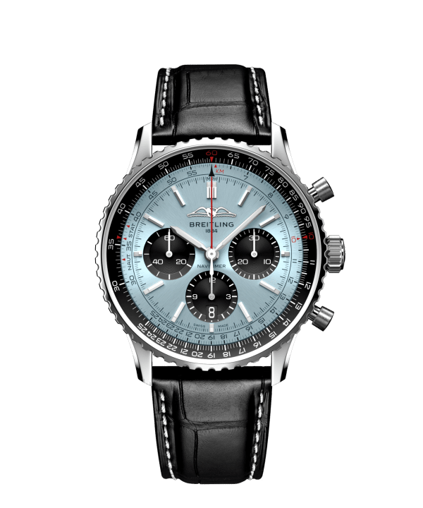 Breitling Navitimer B01 Chronograph 43mm med blå urskive og sort skinnrem. Ref. AB0138241C1P1
