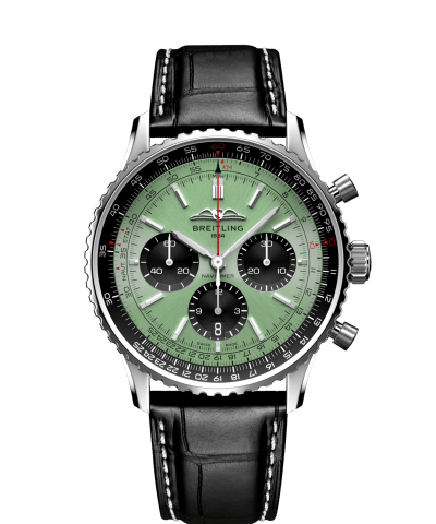 Breitling Navitimer B01 Chronograph 43mm med grønn urskive og sort skinnrem. Ref. AB0138241L1P1