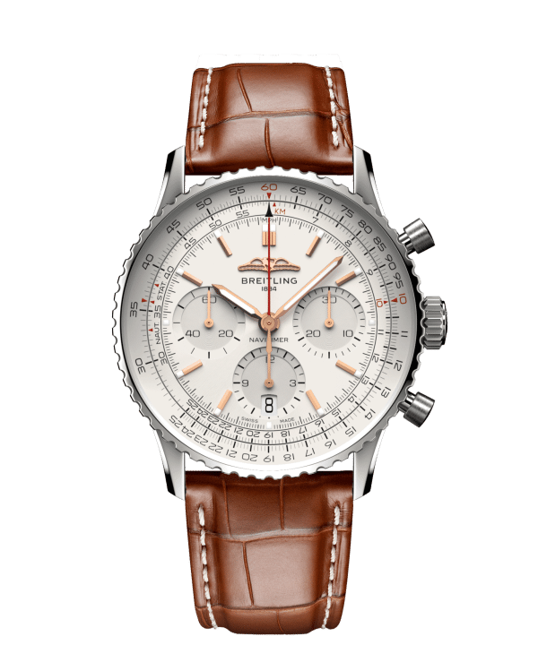 Breitling Navitimer B01 Chronograph 41mm med hvit urskive og brun skinnrem. Ref. AB0139211G1P1