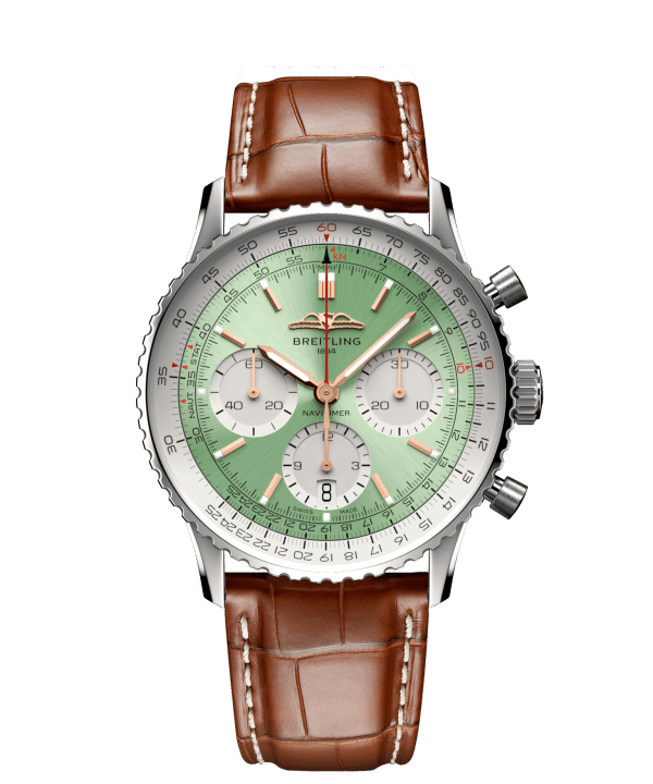 Breitling Navitimer B01 Chronograph 41mm med grønn urskive og brun skinnrem. Ref. AB0139211L1P1