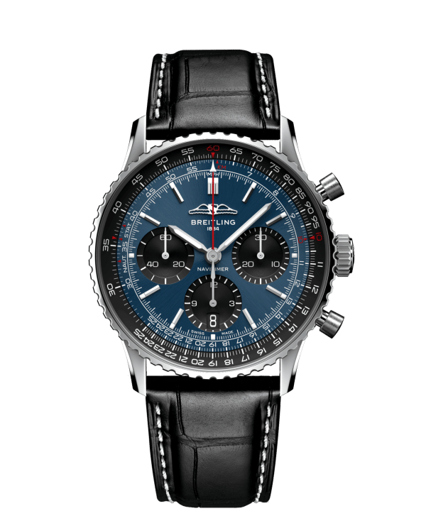 Breitling Navitimer B01 Chronograph 41mm med blå urskive og sort skinnrem. Ref. AB0139241C1P1