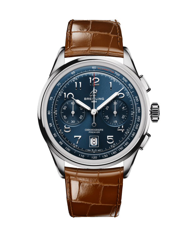 Produktbilde av Breitling Premier B01 Chronograph 42 med blå urskive på brun skinnrem. Ref. AB0145171C1P1.