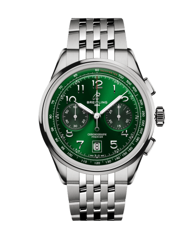 Produktbilde av Breitling Premier B01 Chronograph 42 med grønn urskive på stållenke. Ref. AB0145371L1A1.