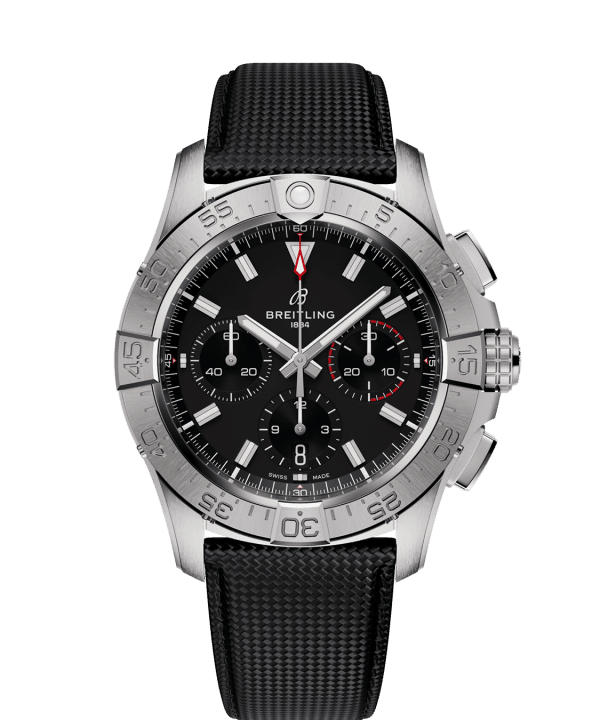 Produktbilde av Breitling Avenger B01 Chronograph 42 med sort urskive på sort skinnrem. Ref. AB0146101B1X1.